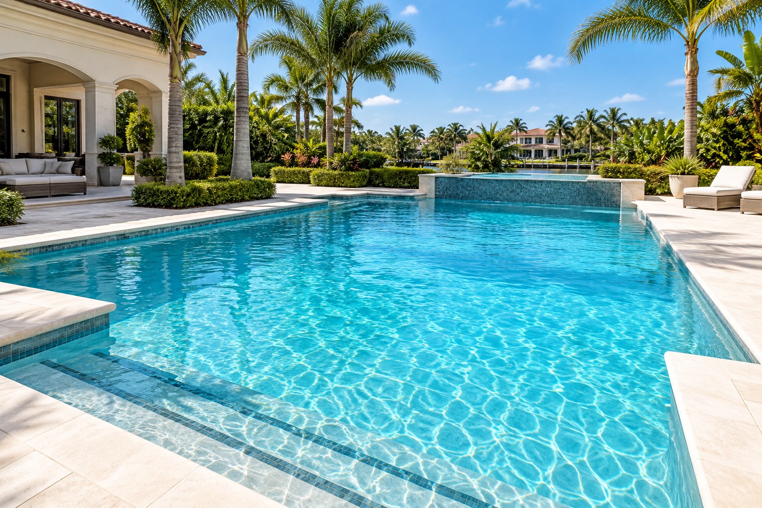 Sparkling turquoise swimming pool in a sunny tropical backyard